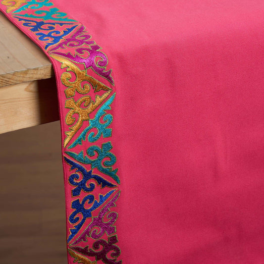 Coral Red Handcrafted Cotton Table Runner with Embroidered Border