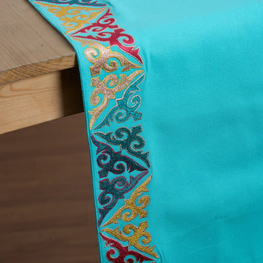 Turquoise Embroidered Geometrical Table Runner Luxury Handcrafted Cotton