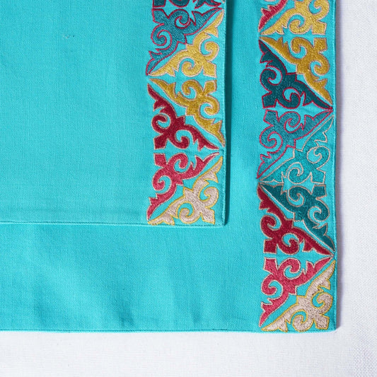 Turquoise Embroidered Geometric Placemat Set Handcrafted Vibrant Cotton
