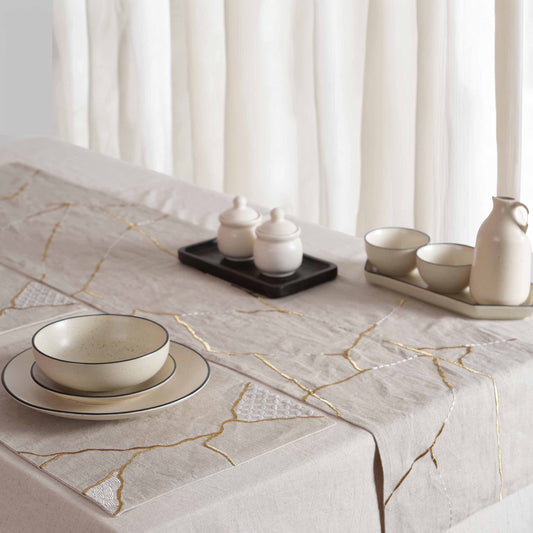 Kintsugi Linen Table Runner – Gold & White Silk Embroidery Japanese Inspired Décor