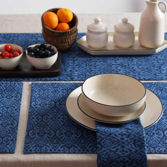 Ikat Indigo Blue Cotton Duck Reversible Placemats Set – 13x19 inches