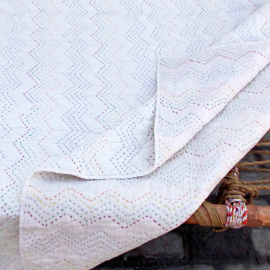Off White Kantha Quilted Throw Blanket with Zigzag Pattern
