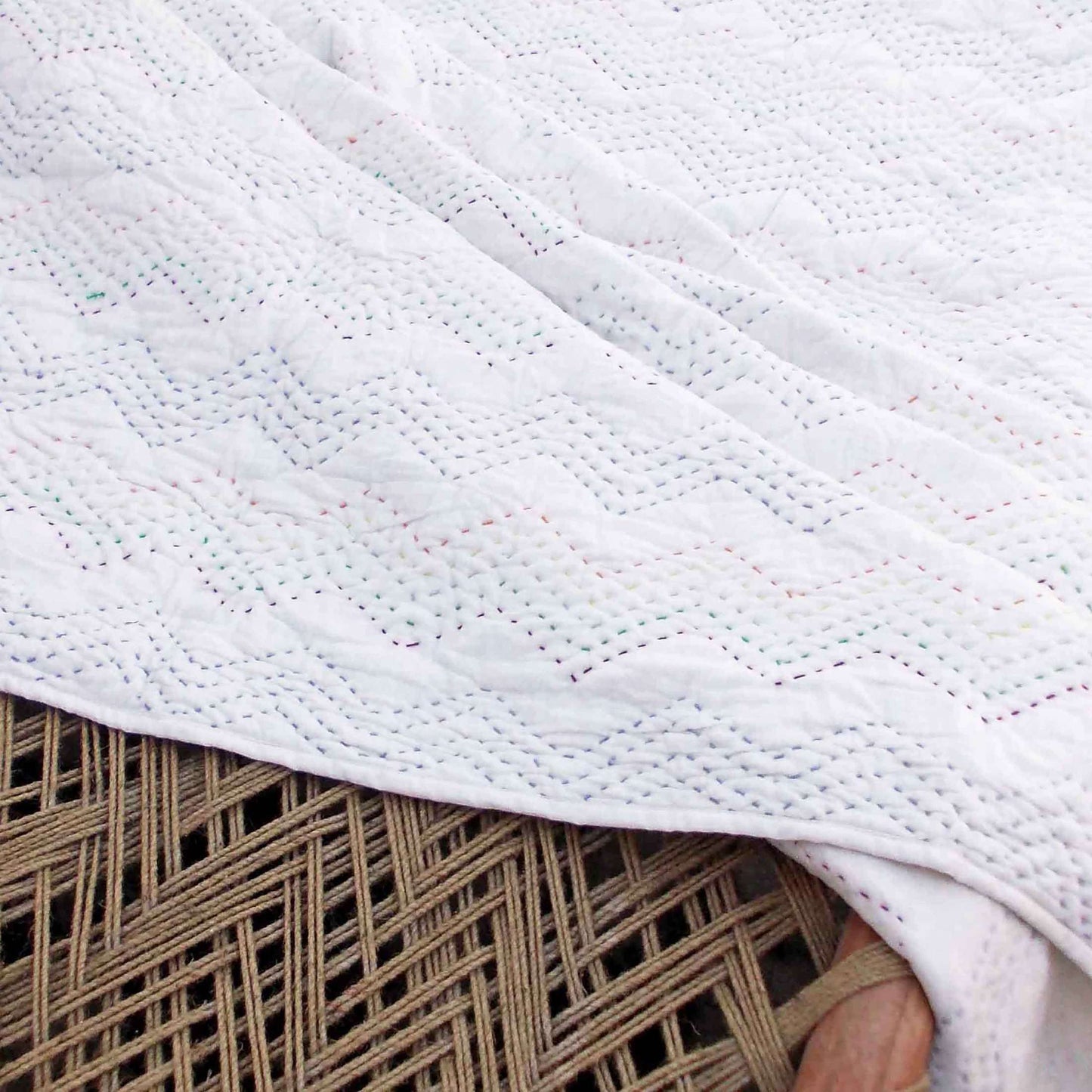 Off White Kantha Quilted Throw Blanket with Zigzag Pattern