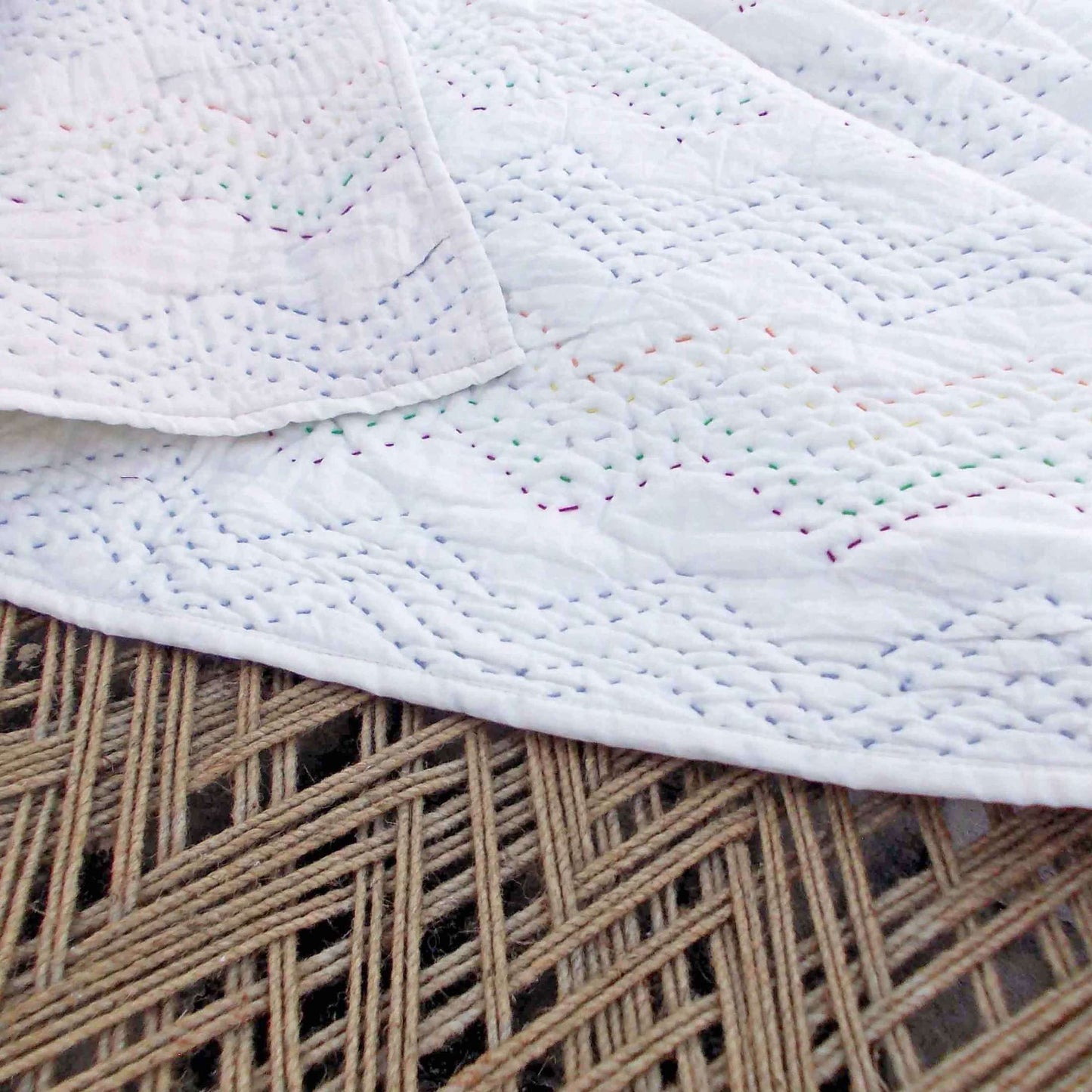 Off White Kantha Quilted Throw Blanket with Zigzag Pattern