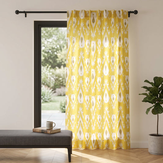 Yellow Ikat Sheer Curtain Panel | Block Print Cotton Voile | 2 Sizes | 4 Hanging Styles