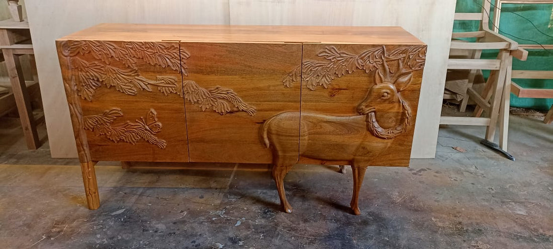 Handcrafted wooden artistic furniture with detailed deer carving illustrating artistic furniture investment tips