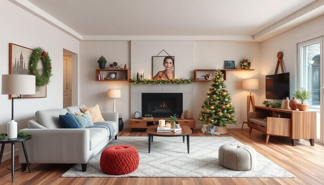 A modern living room with handcrafted quality furniture decorated in chirstmas decor