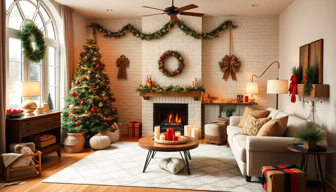 Cozy living room decorated for holiday season with furniture