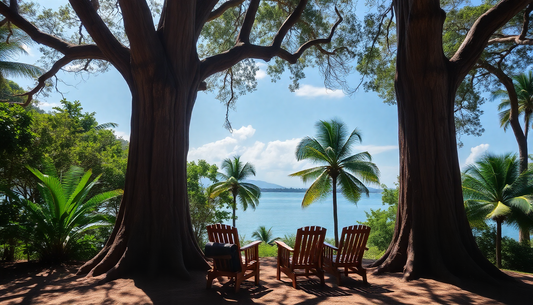 teak trees thanking humans and wooden chairs next to them