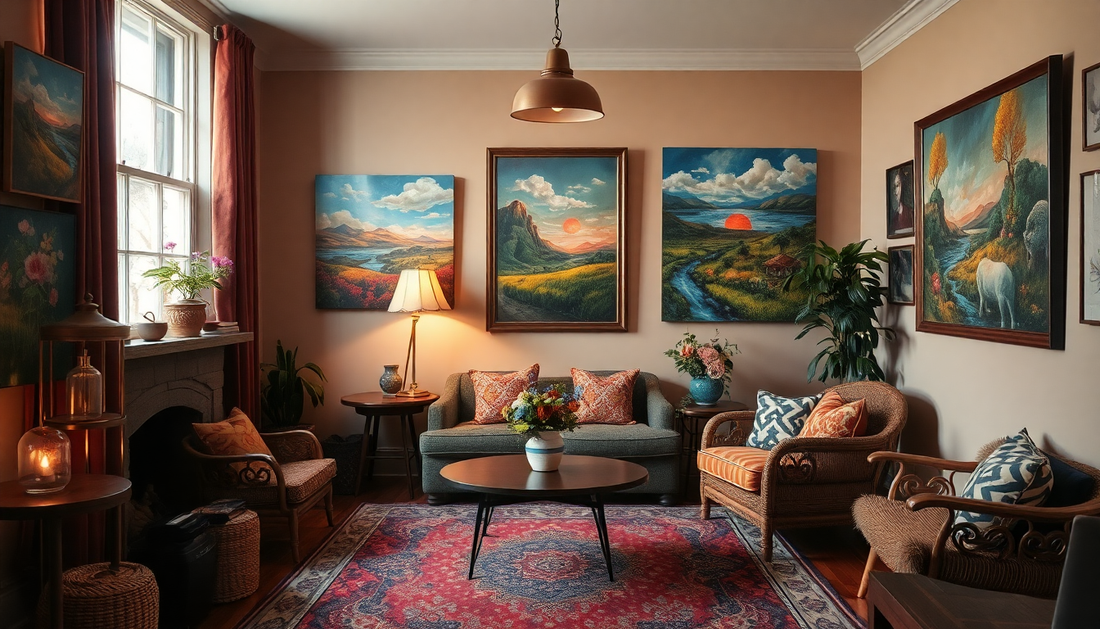 A cozy room decorated with unique local artist paintings