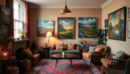 A cozy room decorated with unique local artist paintings