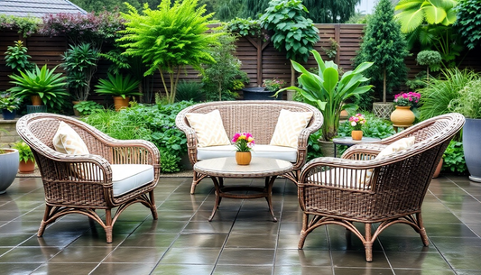 Rattan outdoor furniture set in rainy garden