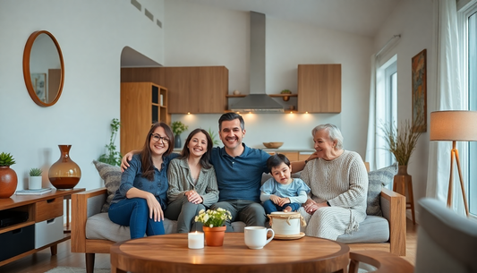 happy customer inside their designer home with unique products,with quality wooden furniture and one of a kind lighting ,females sitting with family