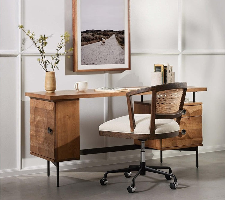 Modern workspace featuring handcrafted study room furniture including a wooden desk and a cushioned office chair
