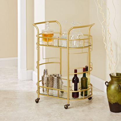 Luxurious Gold 2-Tier Serving Cart with Glass Shelves and Wine Storage