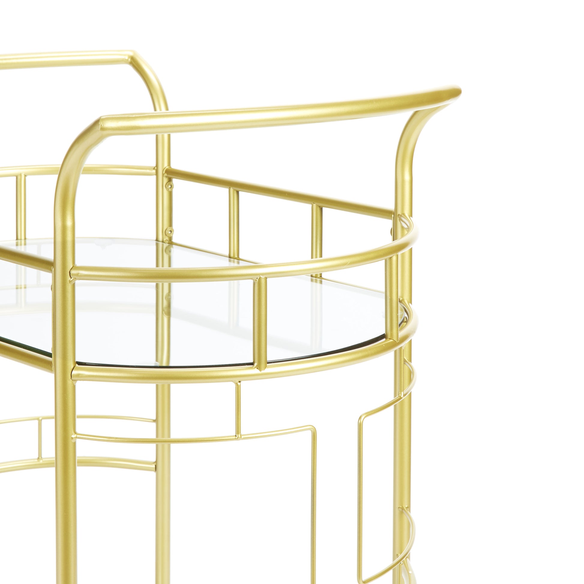 Luxurious Gold 2-Tier Serving Cart with Glass Shelves and Wine Storage