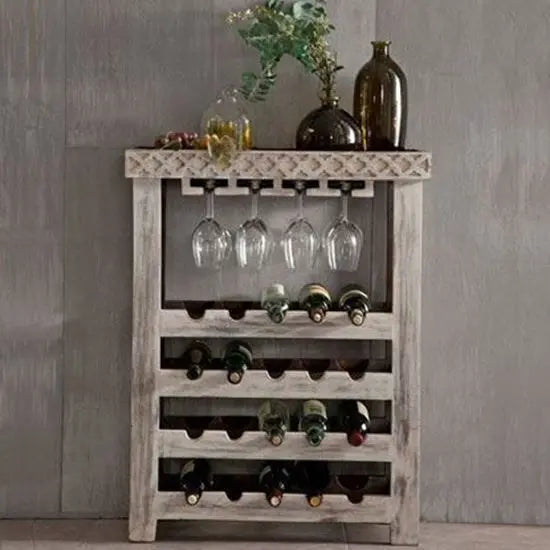 Elegant Solid Sheesham Wood Rustic Bar Cabinet with White Finish