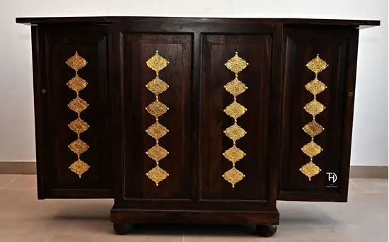 Vintage Brass Bar Cabinet with Extendable Shelf, Solid Sheesham Wood