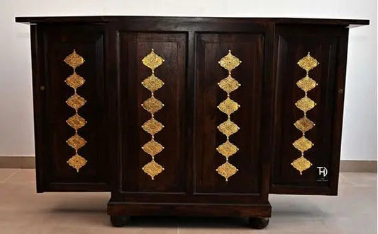 Vintage Brass Bar Cabinet with Extendable Shelf, Solid Sheesham Wood