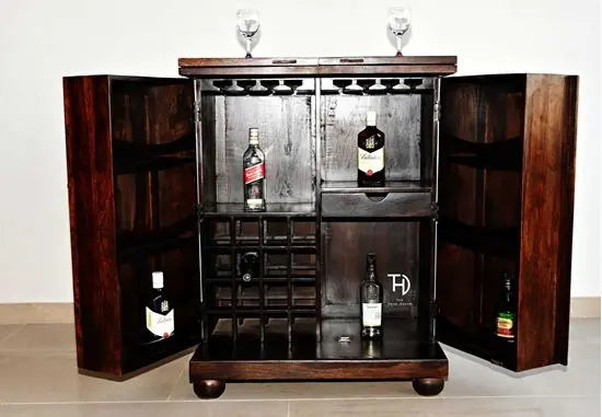 Vintage Brass Bar Cabinet with Extendable Shelf, Solid Sheesham Wood