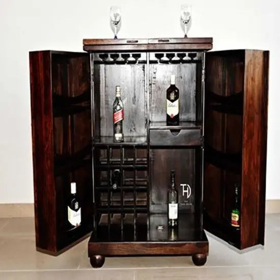 Vintage Brass Bar Cabinet with Extendable Shelf, Solid Sheesham Wood