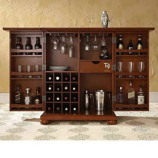 Solid Sheesham Wood Vintage Bar Cabinet with Extendable Rack