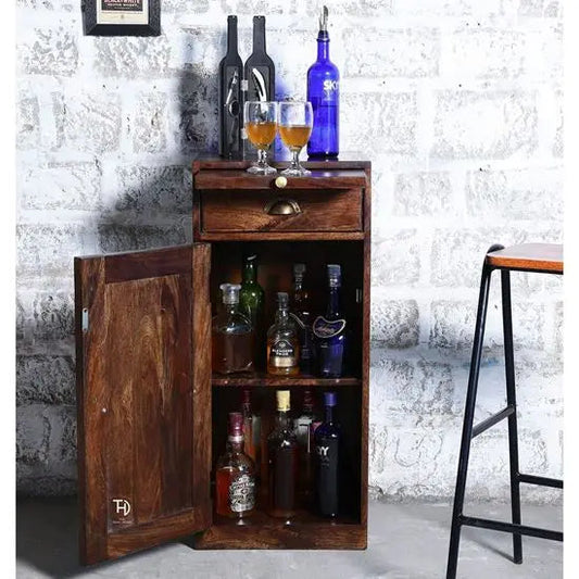 Walnut Solid Sheesham Wood Meeg Compact Bar Cabinet with Drawer