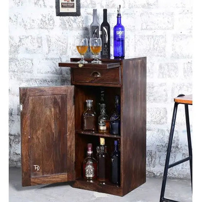Walnut Solid Sheesham Wood Meeg Compact Bar Cabinet with Drawer
