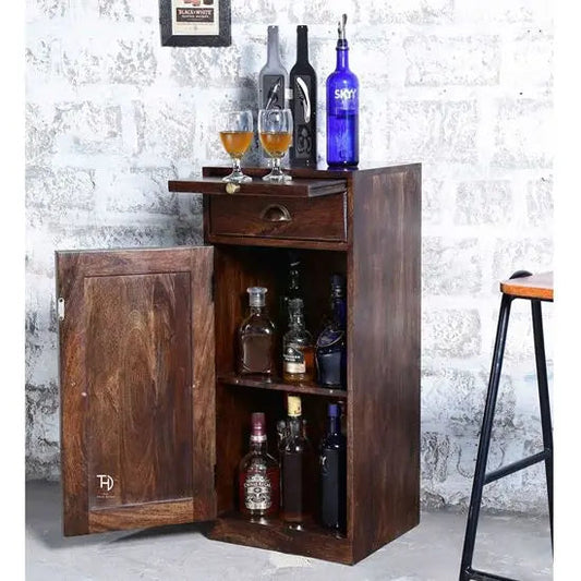 Walnut Solid Sheesham Wood Meeg Compact Bar Cabinet with Drawer