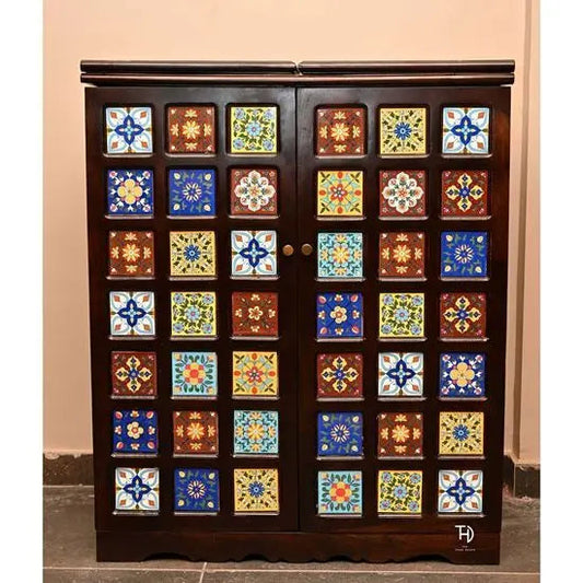 Siramika Extendable Bar Cabinet with Ceramic Tile Doors