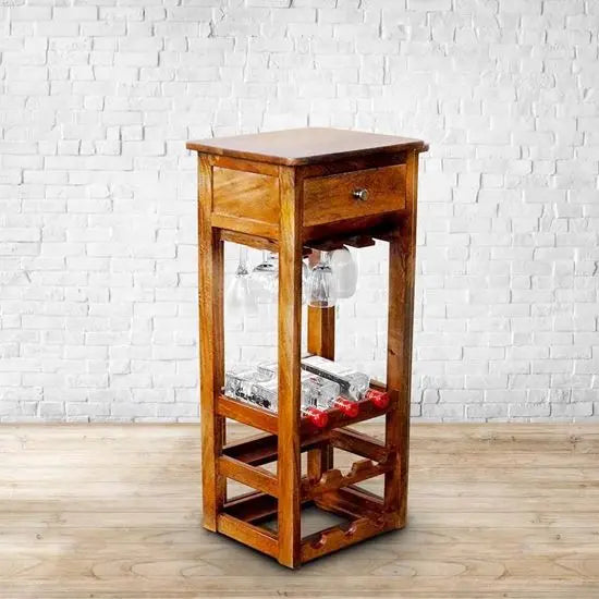 Compact Solid Mango Wood Bar Cabinet with Drawer
