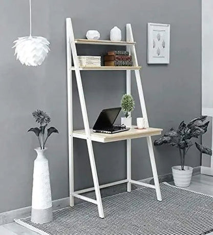 White Solid Mango Wood Ladder Study Table with Dual Shelves