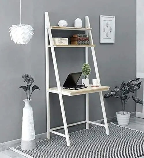 White Solid Mango Wood Ladder Study Table with Dual Shelves