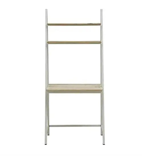 White Solid Mango Wood Ladder Study Table with Dual Shelves