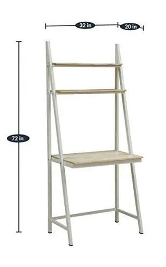 White Solid Mango Wood Ladder Study Table with Dual Shelves