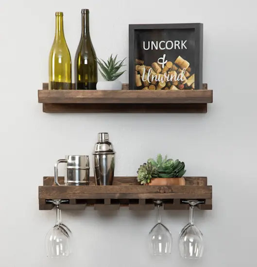 Rustic Solid Mango Wood Wall-Mount Bar Cabinet Set