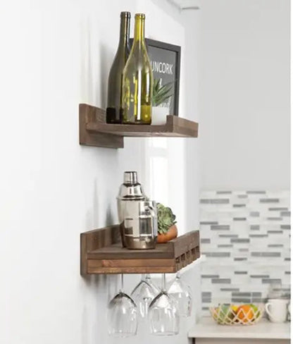 Rustic Solid Mango Wood Wall-Mount Bar Cabinet Set