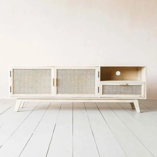 Elegant Whitewash Mango Wood TV Cabinet with Cane Detailing