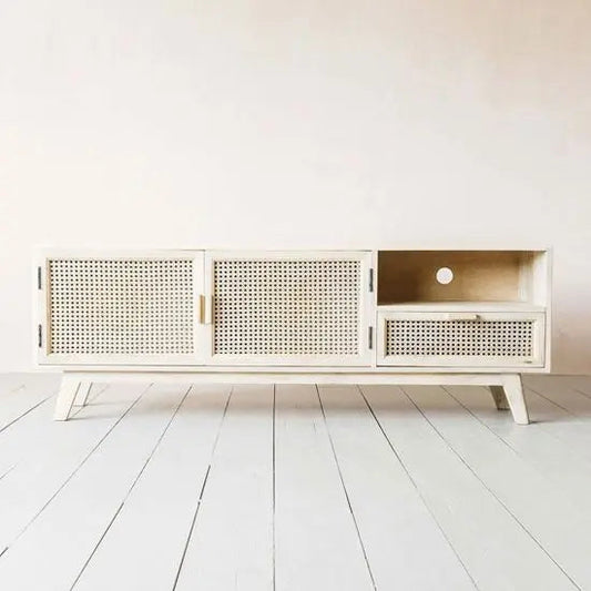 Elegant Whitewash Mango Wood TV Cabinet with Cane Detailing