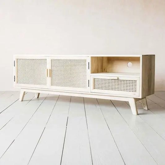 Elegant Whitewash Mango Wood TV Cabinet with Cane Detailing