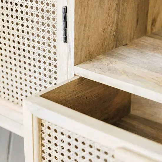 Elegant Whitewash Mango Wood TV Cabinet with Cane Detailing