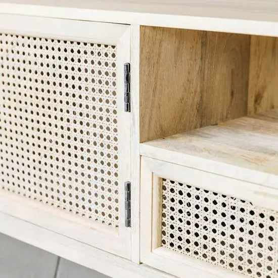 Elegant Whitewash Mango Wood TV Cabinet with Cane Detailing