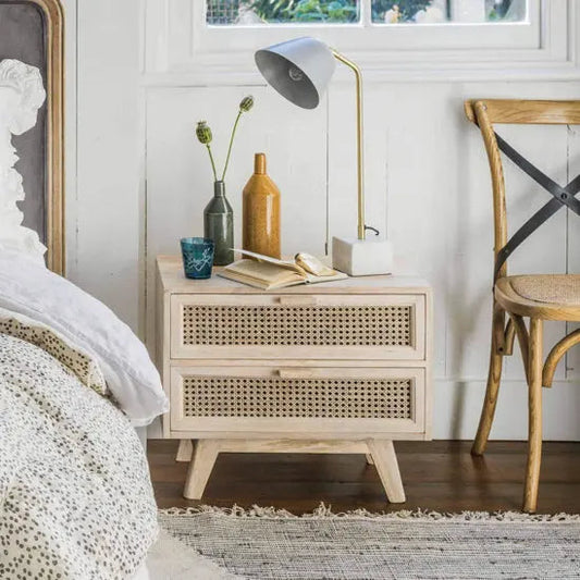 Atlanta Solid Mango Wood Two-Drawer Bedside Table with Cane Front
