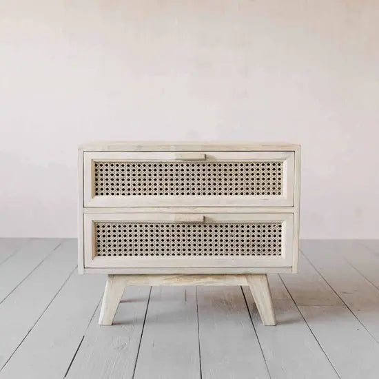 Atlanta Solid Mango Wood Two-Drawer Bedside Table with Cane Front