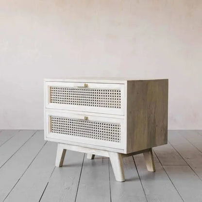 Atlanta Solid Mango Wood Two-Drawer Bedside Table with Cane Front