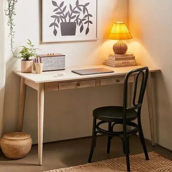 Solid Mango Wood Monet Two-Drawer Study Desk with Carved Legs