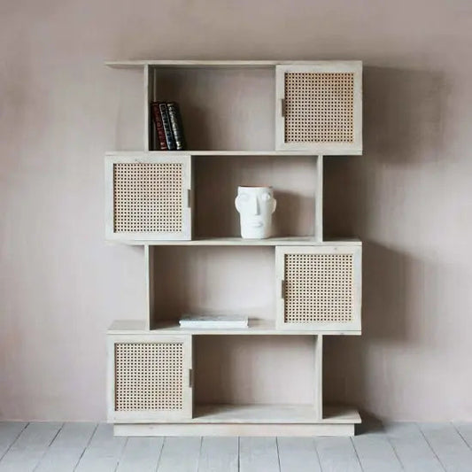 Atlanta Bookshelf Solid Mango Wood Zigzag Bookcase with Cane Doors