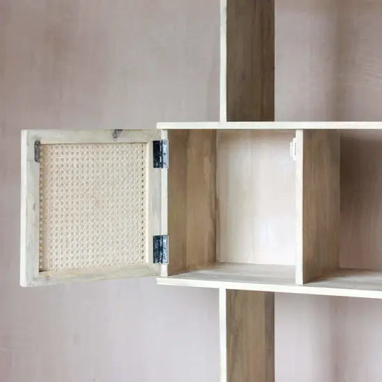 Atlanta Bookshelf Solid Mango Wood Zigzag Bookcase with Cane Doors