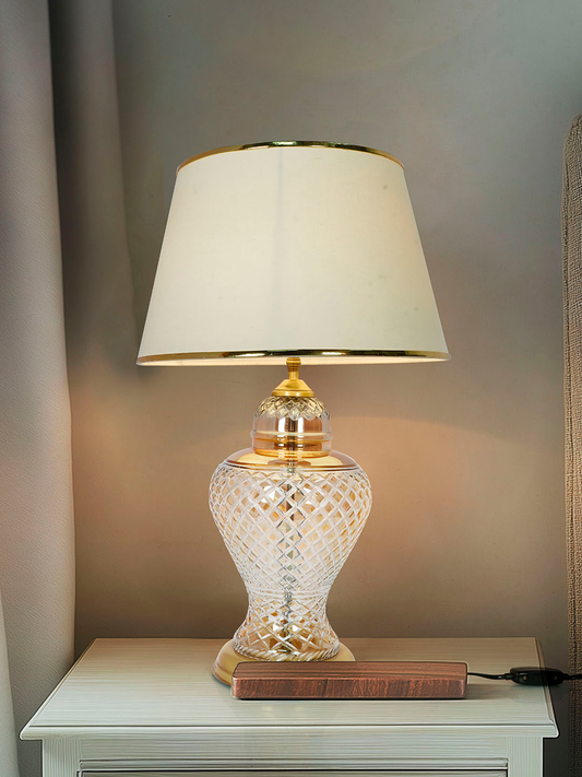 Luxurious Golden Luster Glass Urn Table Lamp with Cream Shade & Beading