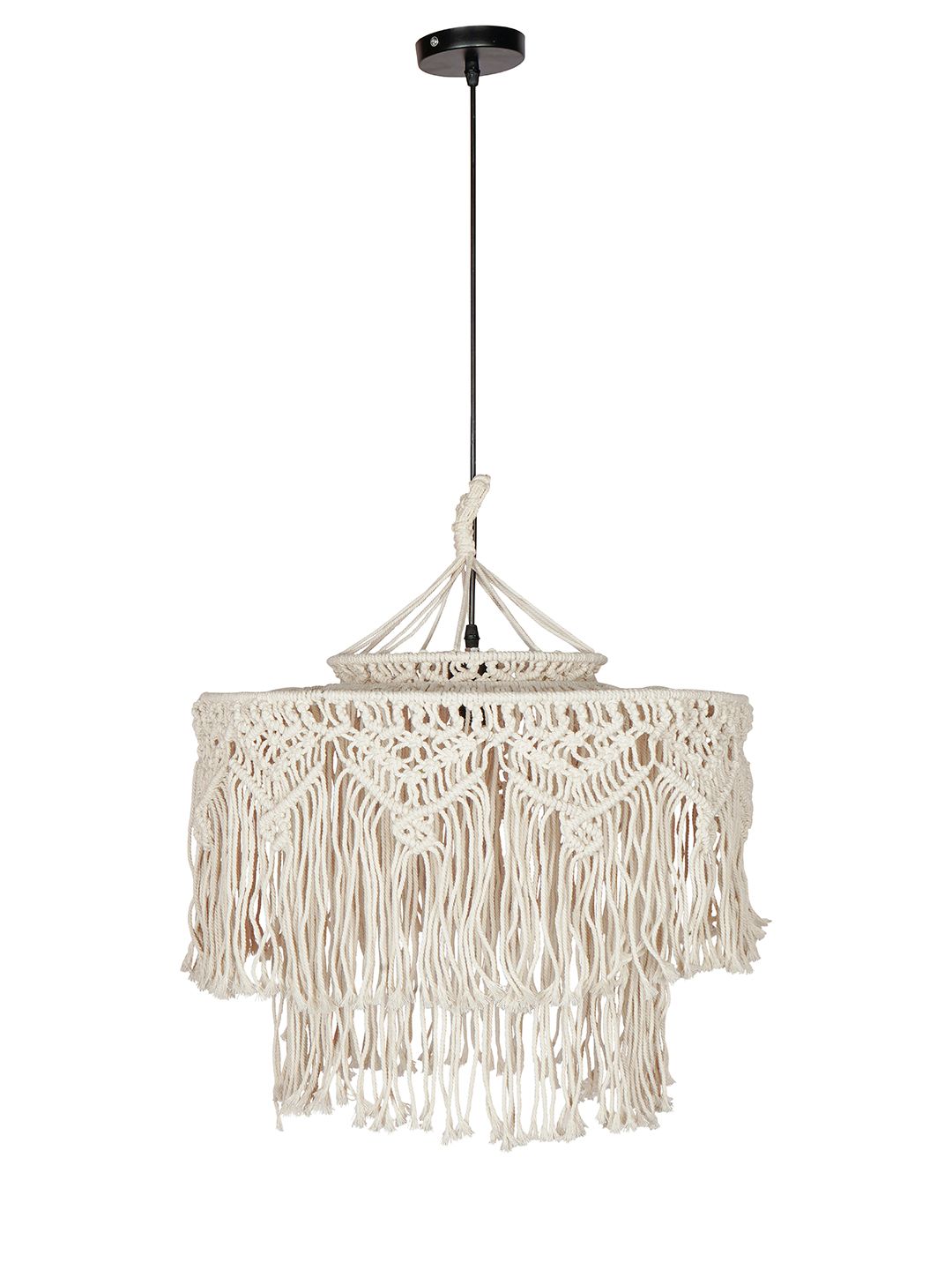 Bohemian Natural White Macrame 2-Tier Drum Pendant Light for Home Decor